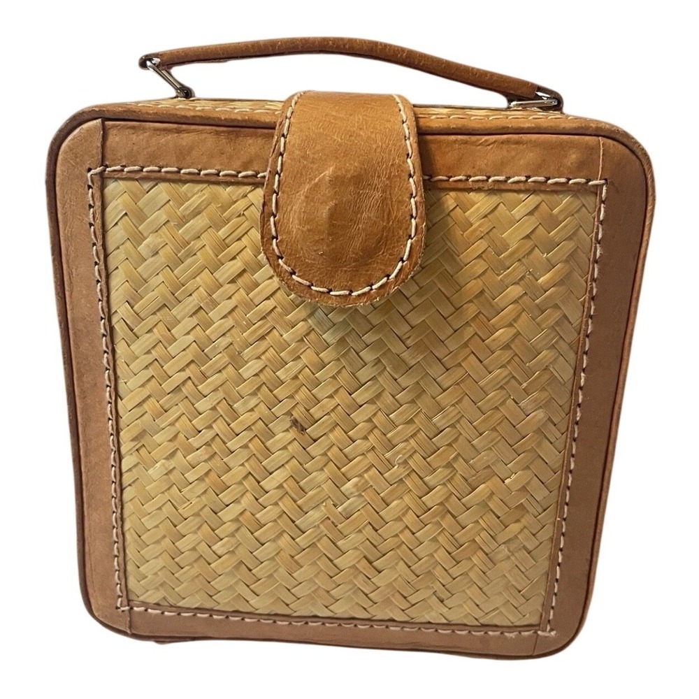 Vintage Woven Bamboo Box Bag Womens Tan Leather Trim Top Handle Mini Handbag